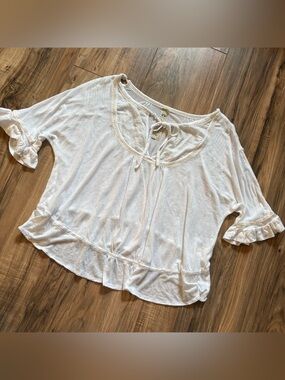 Free People White Tie-Neck Boho Peasant Top